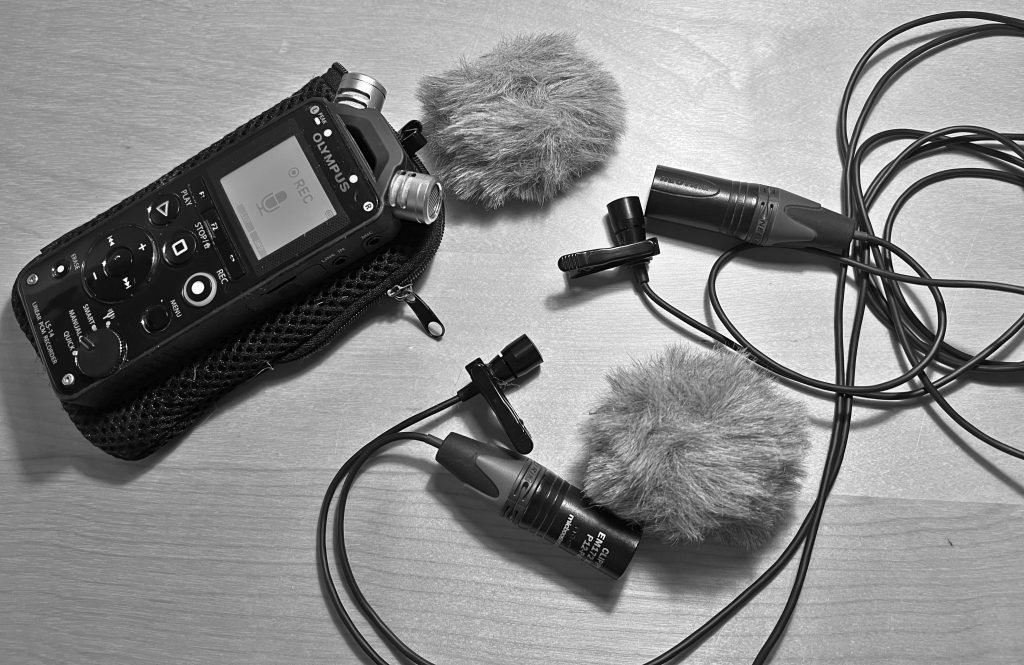 Em172 PIP mics with mini windjammers and Olympus LS-14 portable recorder