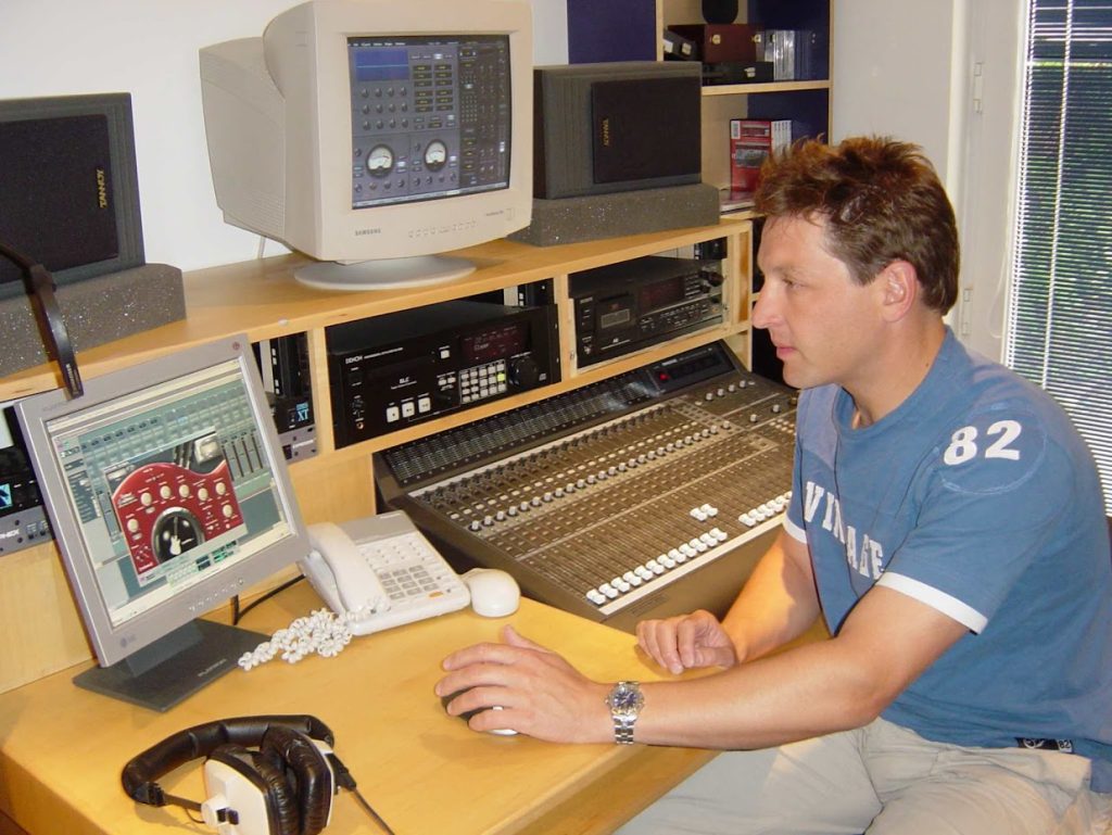 Jonathan Slatter in the control room early 2000s with Mackie D8B
