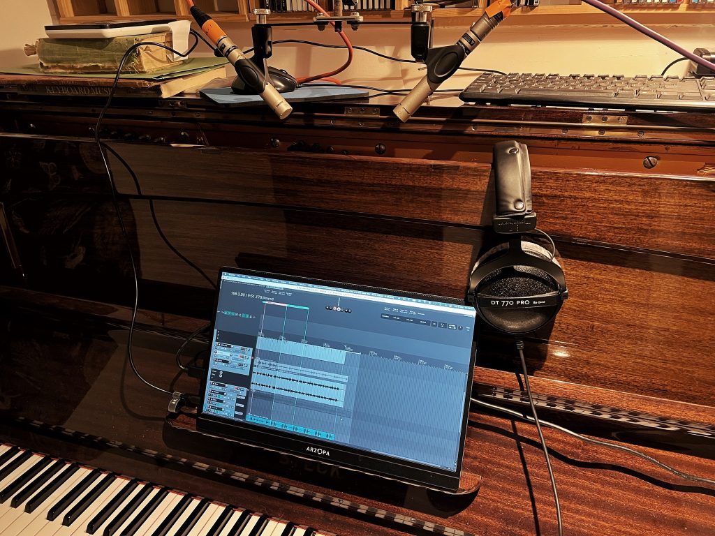 The 1930s Steck upright piano mic'd up and remote control of Reaper DAW